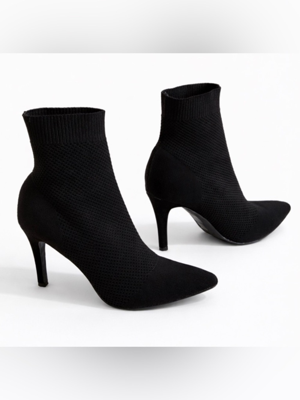 MIA • “McKinley” Black Knit Sock Booties Sleek Stiletto Ankle Boots | size 8.5